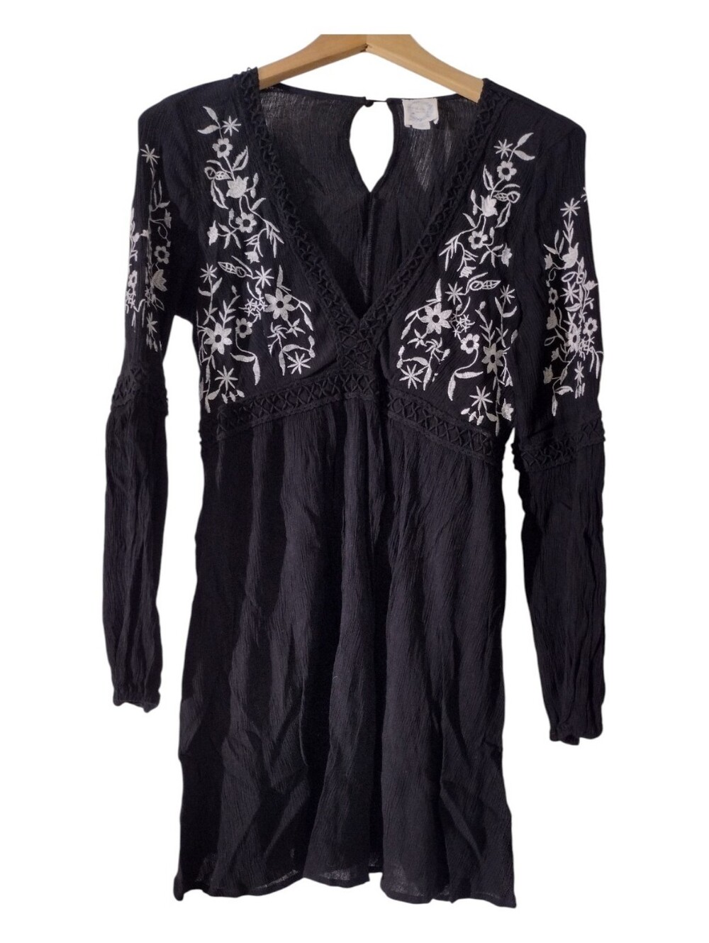 Blue Rain Black Long Sleeve Embroidered V-Neck Dress with White Floral Detail